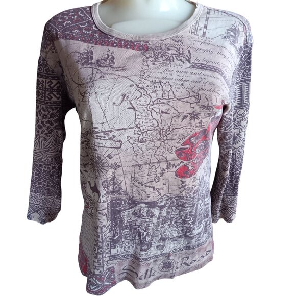 Vintage Women' Large Top Y2K Glima Silk Road Map Print Distress Thin AOP USA - Picture 2 of 7